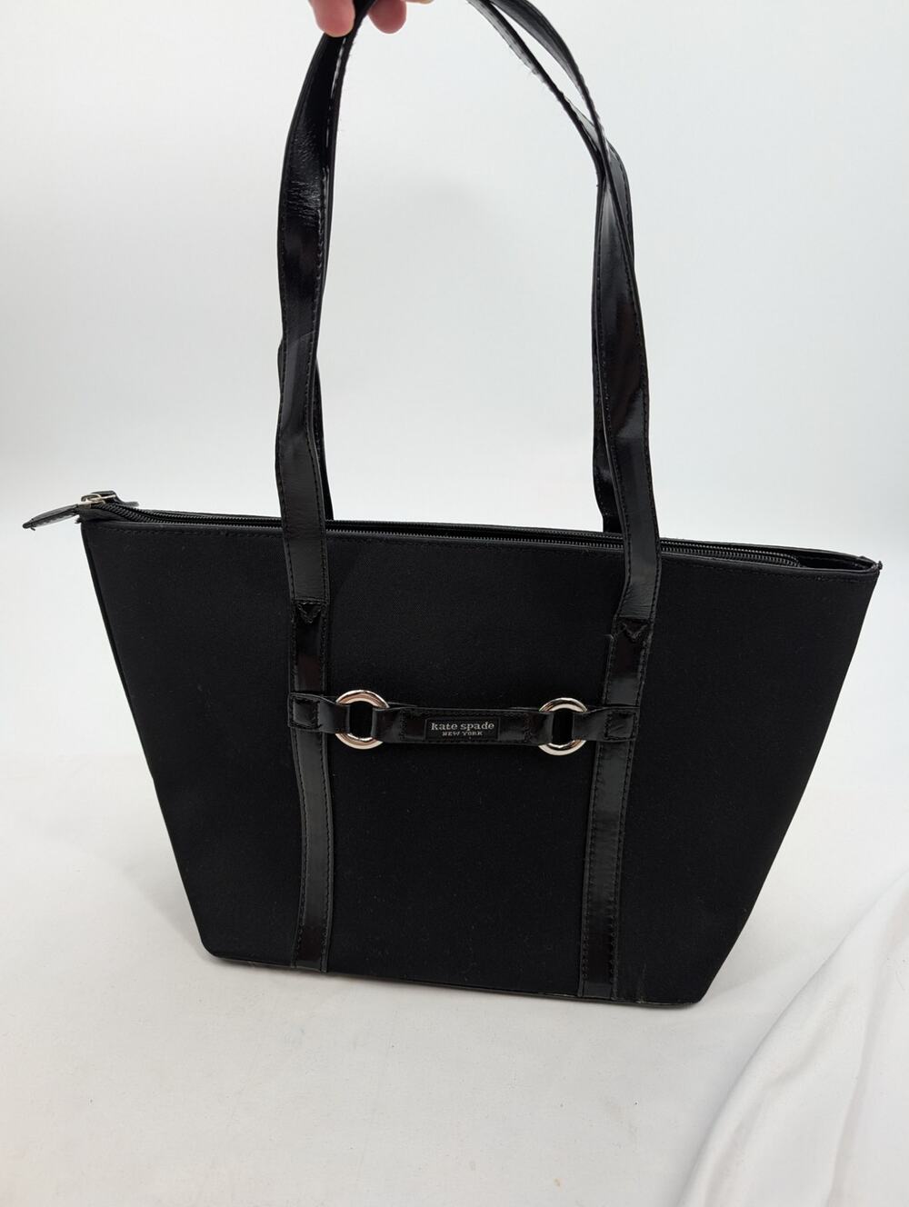 Kate Spade New York Structured Black Canvas Tote Bag Patent Leather Accents Work